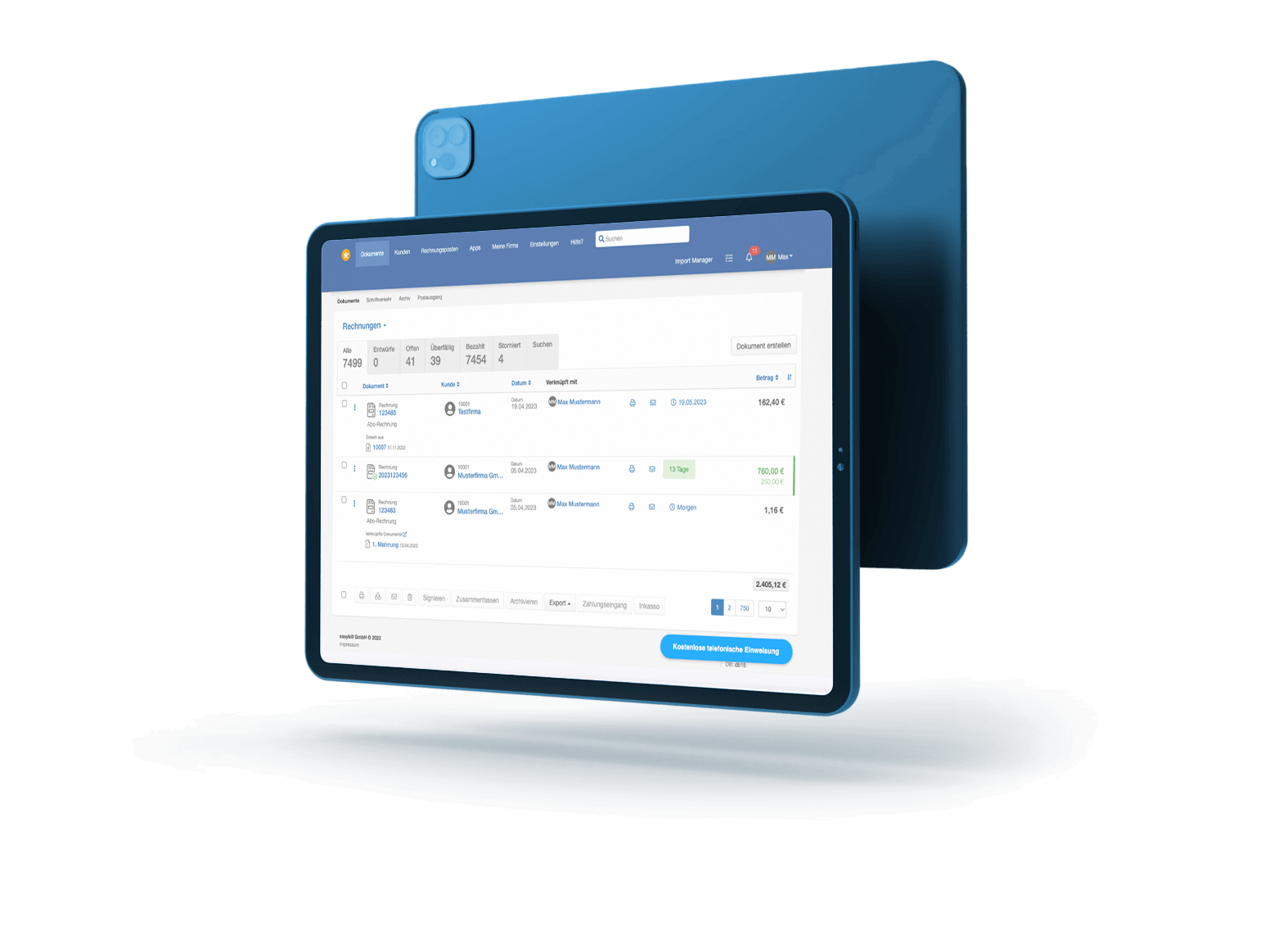 Bildschirmfoto von easybill — Invoice list with document statuses on a tablet
