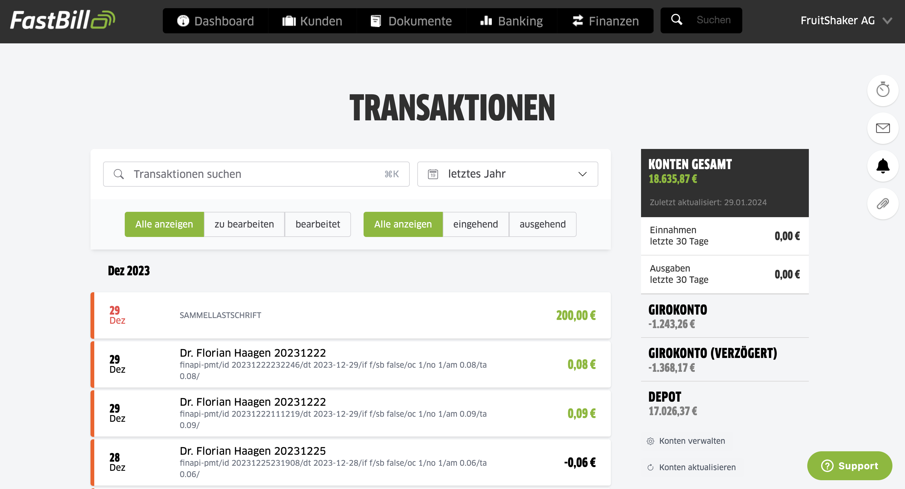 Bildschirmfoto von FastBill — Banking view with transaction list and account balances