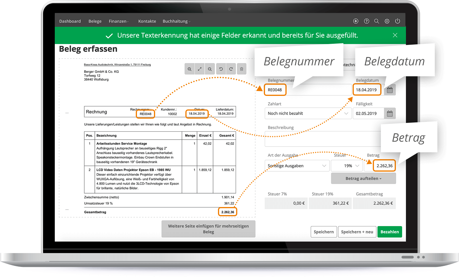 Bildschirmfoto von Lexware Office — Receipt capture with OCR text recognition