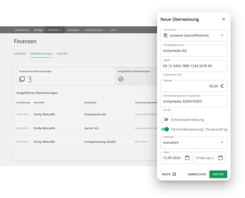 Bildschirmfoto von Lexware Office — Banking view with bank transfer form