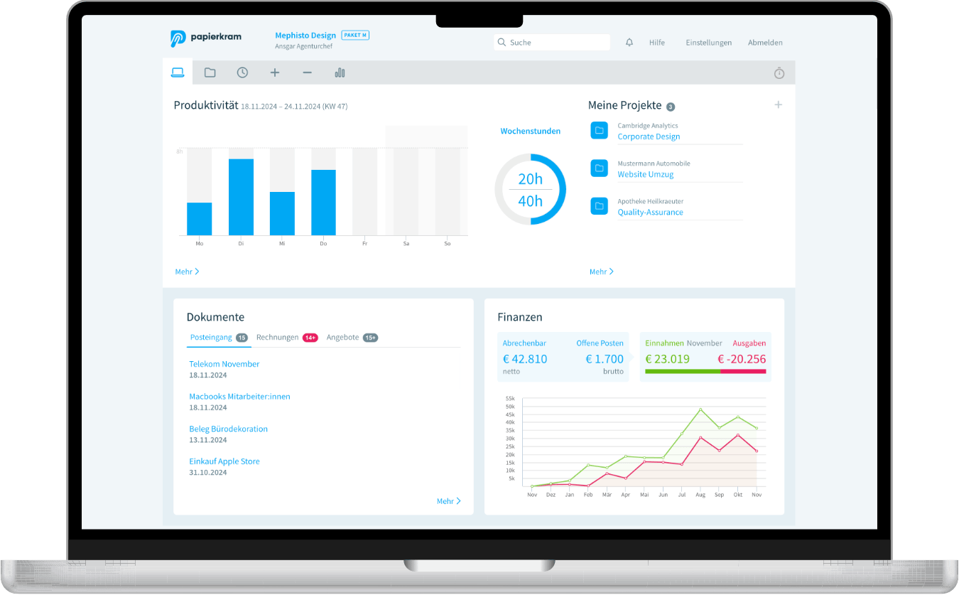Bildschirmfoto von Papierkram — Dashboard with productivity, documents and finance widgets
