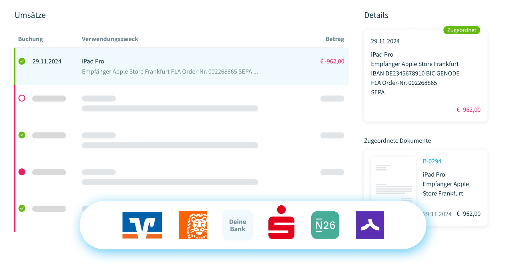 Bildschirmfoto von Papierkram — Banking view with transaction list and matched documents