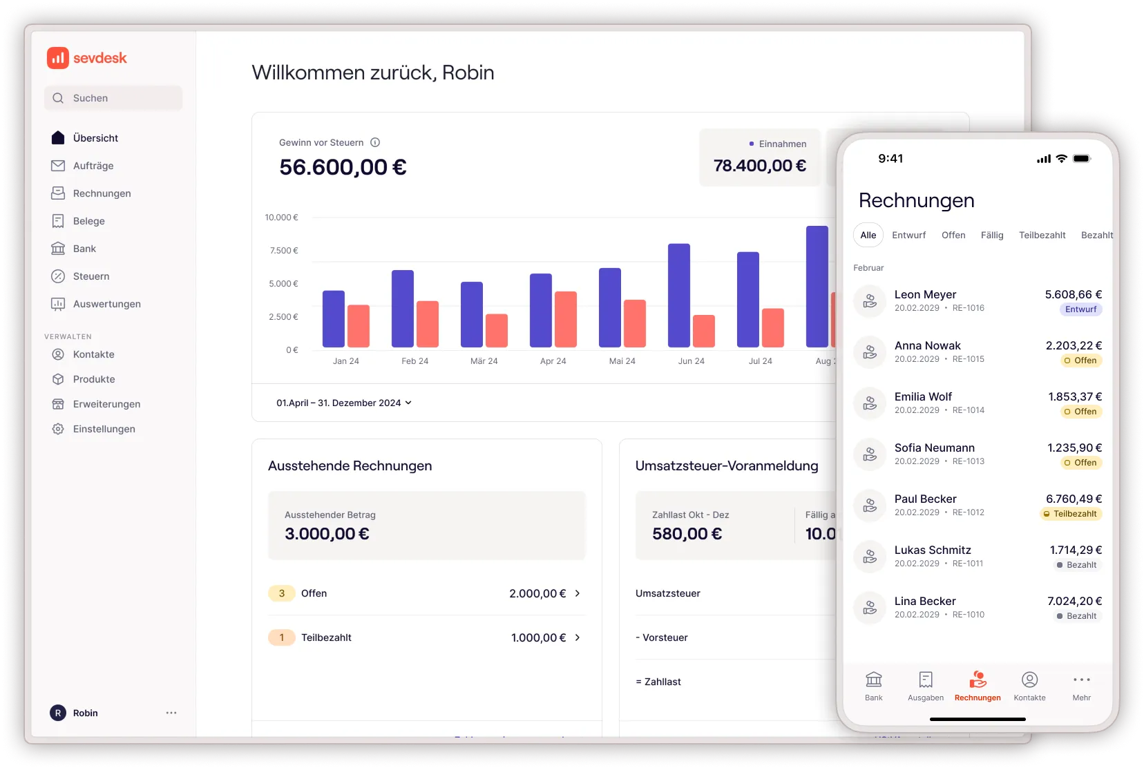 Bildschirmfoto von sevDesk — Dashboard with revenue overview and mobile invoice list