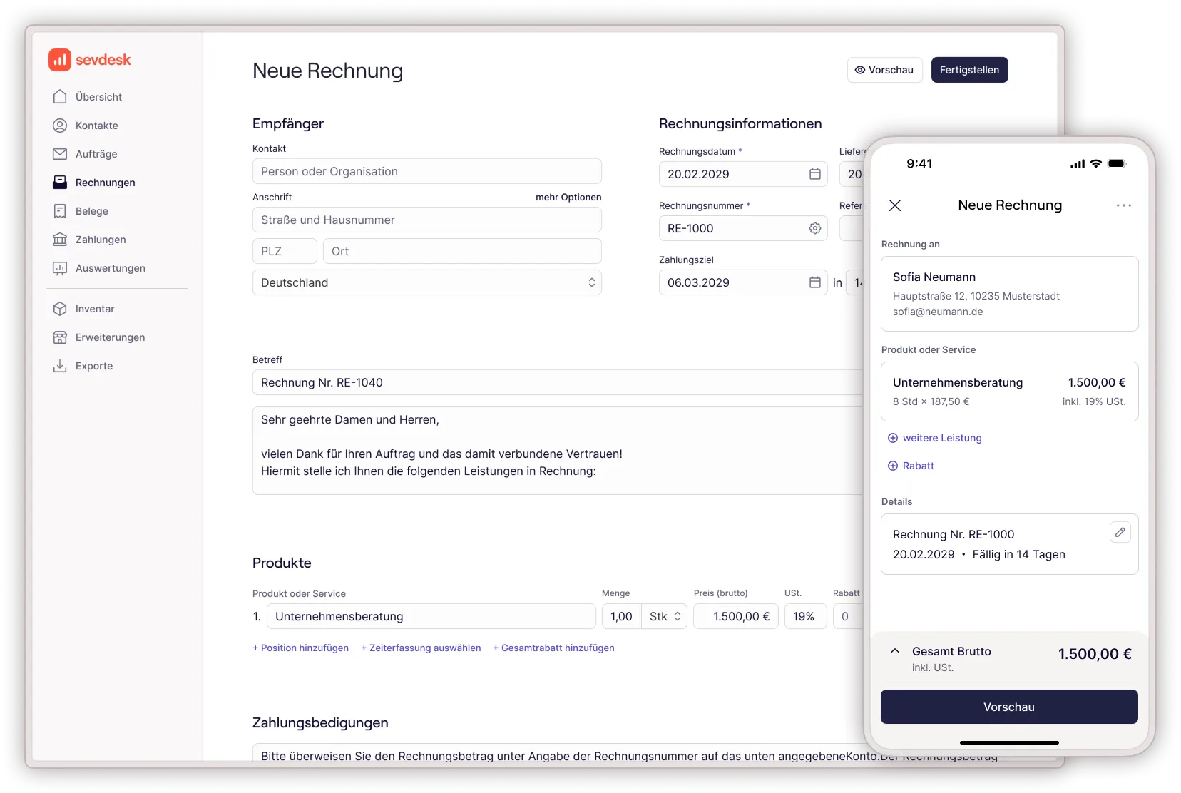 Bildschirmfoto von sevDesk — Invoice editor (desktop and mobile app)